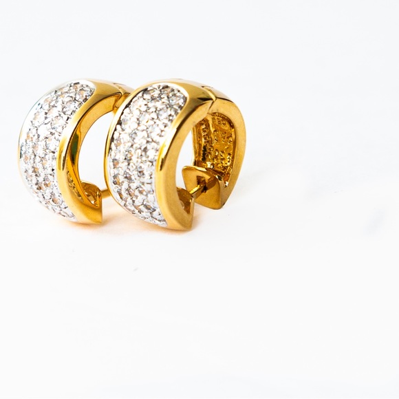 Quiet luxury huggie hoop gold tone earrings pave CZ minimalist by Brilliante - Picture 7 of 16